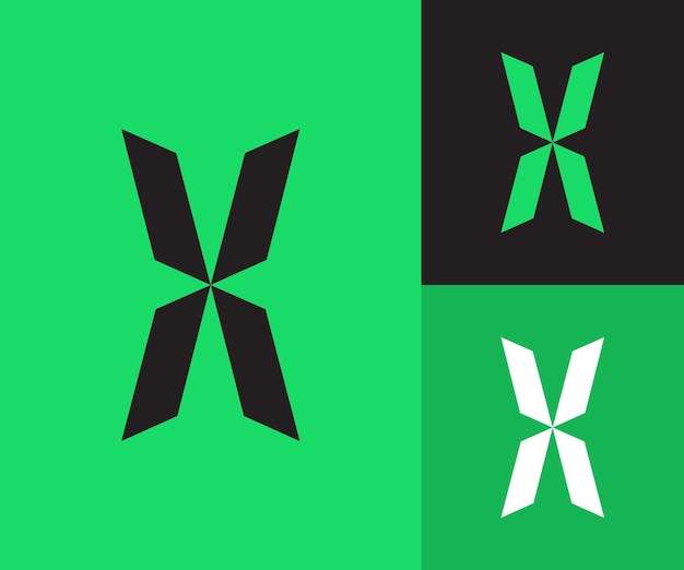 Geometrische letter X met een neongroen en zwart logo