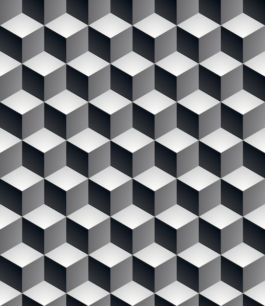 Geometrische naadloze patroon, eindeloze zwart-wit vector reguliere achtergrond. Abstracte bekleding met 3D-kubussen en vierkanten.