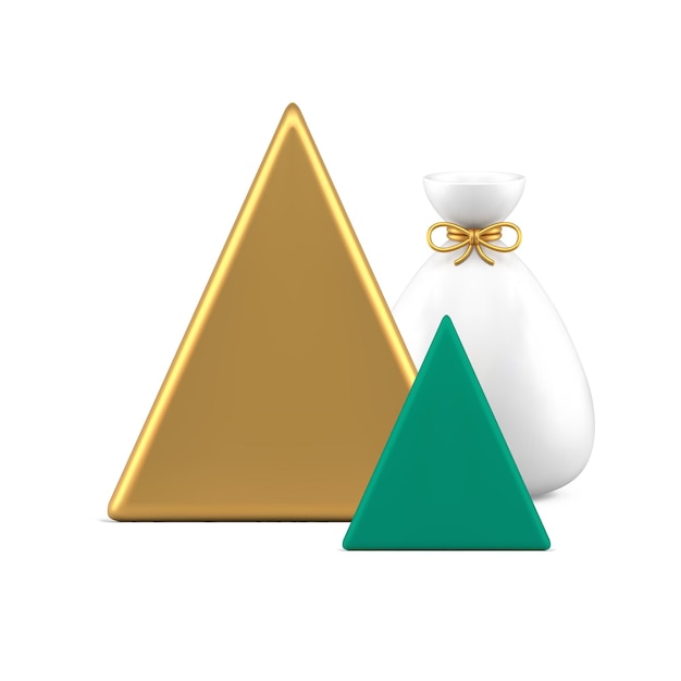 Geometrische piramide minimalistische driehoek kerstboom zak vol cadeau realistische 3D-pictogram vector