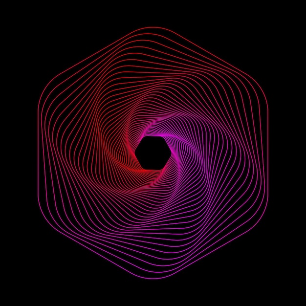 Geometrische rode en roze lijn kunst zeshoek vector kunst. Gloeiende zeshoekige op-art lijnen spiraal draadframe.