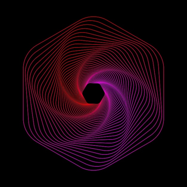 Geometrische rode en roze lijn kunst zeshoek vector kunst. gloeiende zeshoekige op-art lijnen spiraal draadframe.