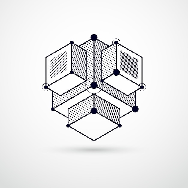 Geometrische technologie vector zwart-wit tekening, 3D technisch behang. Illustratie van engineering systeem, abstracte technologische achtergrond. Abstracte technische achtergrond.