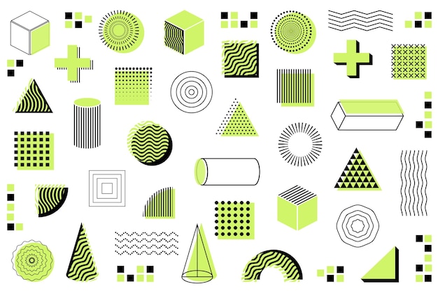 Geometrische vormen mega set in platte cartoon ontwerp Bundle elementen van halftone Memphis stijl van kubussen cirkels kruis vierkant driehoek cilinder andere Vector illustratie geïsoleerde grafische objecten