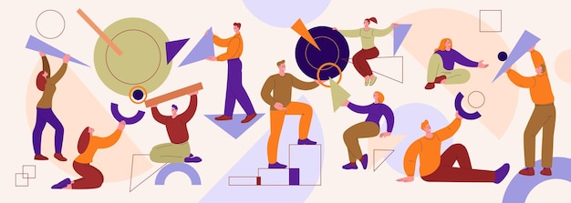 Geometrische vormen verzamelen Persoon die werk organiseert en abstracte figuren verzamelt met team Business chaos teamwork samen kicky vector illustratie