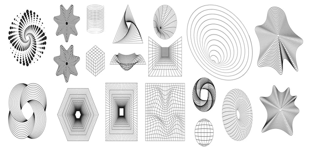 Geometrische wireframe vormen en rasters in donkere kleur op transparante achtergrond 3D abstracte patronen el