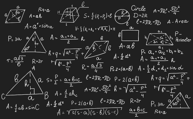 geometry formulas science and education background chalkboard inscribed with scientific formulas and