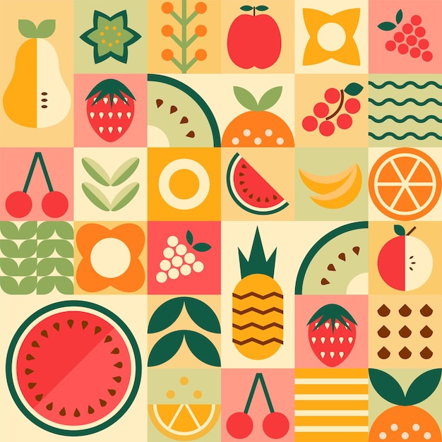 Vector geometry mosaic fruit pattern vector abstract minimal summer fruits and berries seamless background