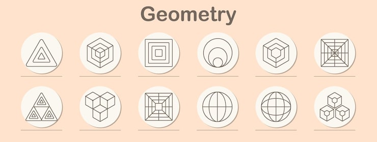 Vector 기하학 세트 아이콘 삼각형, 육각형, 사각형, 원, 큐브, 격자, 구, 다각형 구조, 3d 대칭, 추상적인 디자인, 모양, 그래픽 패턴, 터 기하학, 선, 예술, 객체 건축