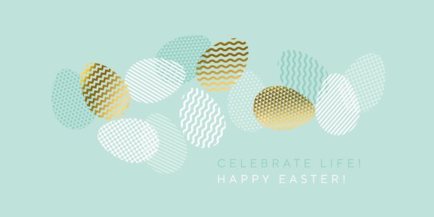 Vector geometry textured easter egg set in tail green colors and gold fresh spring eggs set in trendy geom