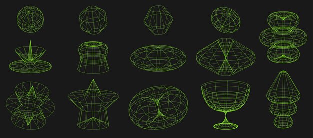 Vector geometry wireframe shapes and grids in neon green color 3d abstract shapes 00s y2k retro futuristic aesthetic