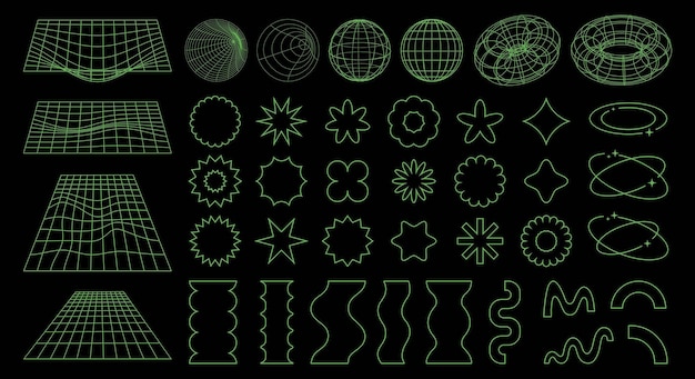Геометрические каркасные формы и сетки неоново-зеленого цвета. 3D-формы, абстрактные фоны 00-х годов Y2k.