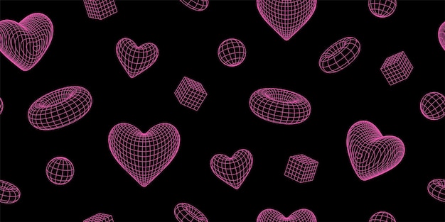 Geometry wireframe shapes and grids in neon pink color 3D hearts seamless pattern