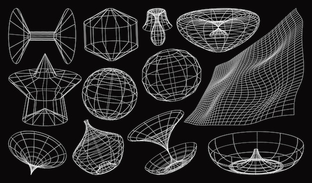 Vector geometry y2k wireframe shapes and grids 3d psychedelic rave style 00s retro futuristic aesthetic