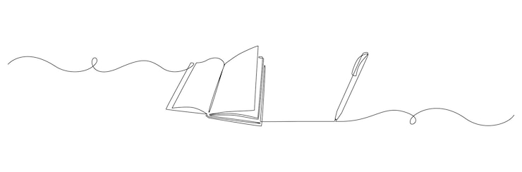 Geopend boek en pen in één doorlopende lijntekening Onderwijsstudie en kennisbibliotheekconcept in eenvoudige lineaire stijl Bewerkbare lijn Doodle vectorillustratie