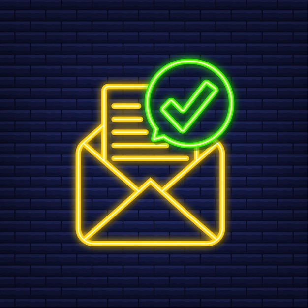 Geopende envelop en document met groen vinkje. Neon icoon. Verificatie e-mail. Vector illustratie.