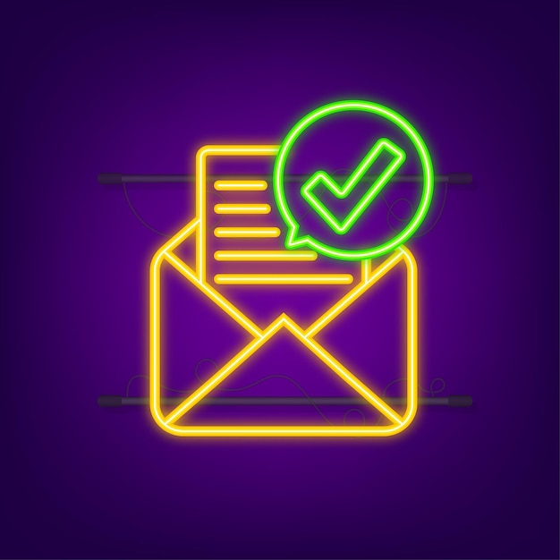 Geopende envelop en document met groen vinkje. Neon icoon. Verificatie e-mail. Vector illustratie.