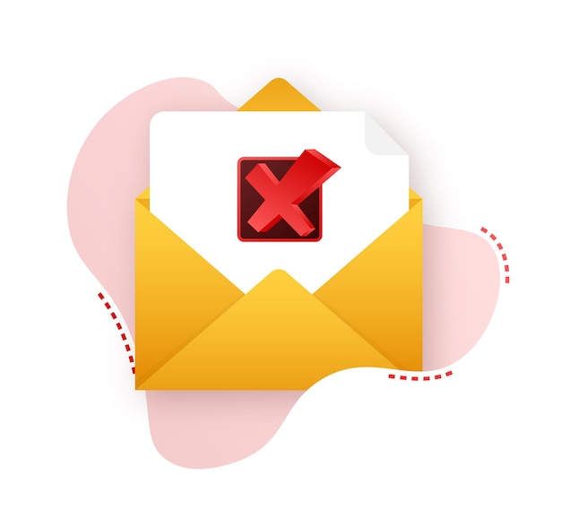 Geopende envelop en document met rood kruisteken. verificatie e-mail. vector voorraad illustratie.
