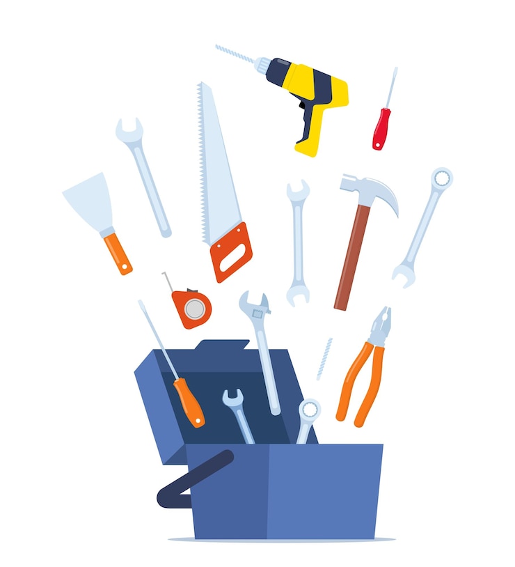 Vector geopende gereedschapskist met gereedschappen die erin worden geplaatst werkman's toolkit instrumenten in de werkbak vectorillustratie