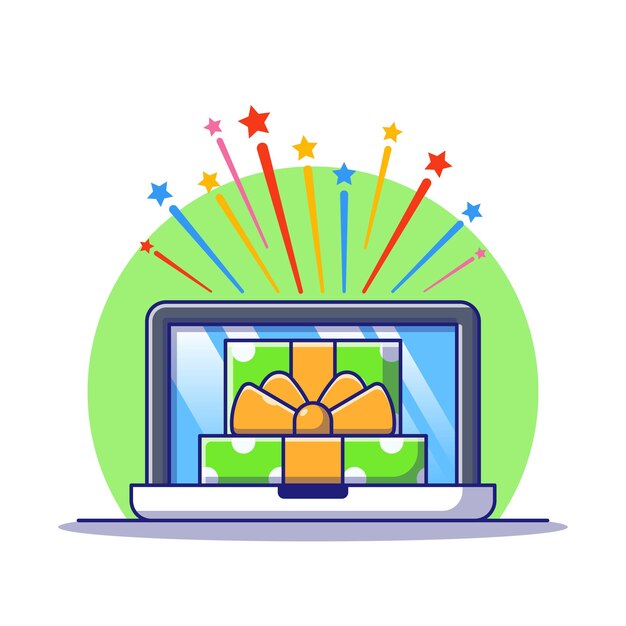 Geopende geschenkdoos met sterexplosie en laptop cadeau online illustratie ontvangen