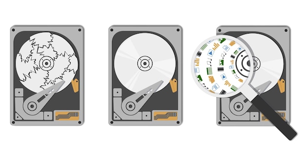 Geopende harde schijf set met werkende of kapotte schijf en hdd onder het vergrootglas met gegevenspictogrammen