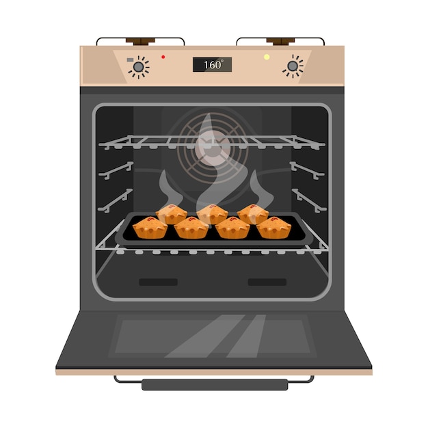 Vector geopende oven met vers gebakken taarten op de pan