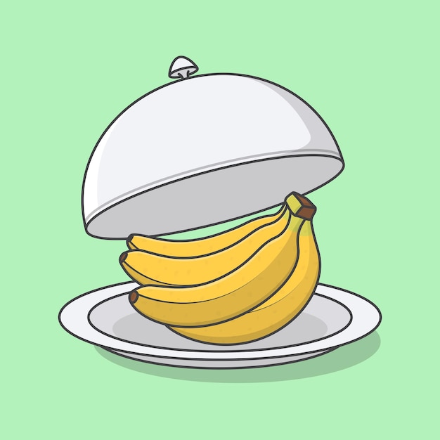 Geopende restaurant cloche met banaan cartoon vector illustratie verse banaan fruit platte pictogram overzicht