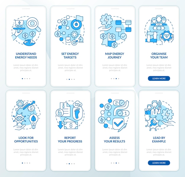 Geoptimaliseerde energiestrategie blauwe onboarding mobiele app-schermset