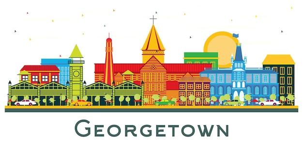 Горизонт Джорджтауна с цветными зданиями, изолированными на белом. Векторная иллюстрация Концепция деловых поездок и туризма с современной архитектурой. Городской пейзаж Джорджтауна с достопримечательностями