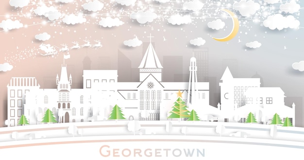 Georgetown Guyana City Skyline in Paper Cut Style with Snowflakes Moon and Neon Garland