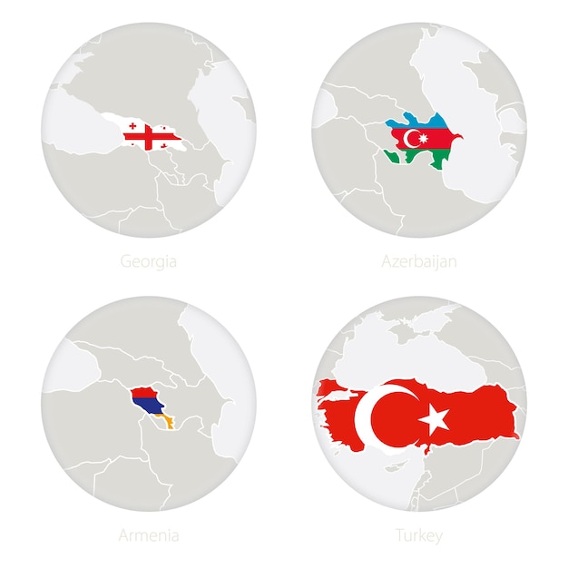 グルジア、アゼルバイジャン、アルメニア、トルコの地図の等高線と国旗を円で囲みます。ベクトルイラスト。