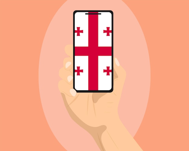 Vector georgia flag on mobile phone screen holding smartphone advertising social media or banner concept