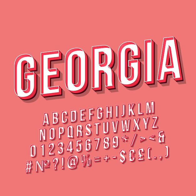 Georgia vintage 3d vector lettering. Retro bold font, typeface. Pop art stylized text. Old school style letters. 90s, 80s poster, banner, t shirt typography design. Punch color background