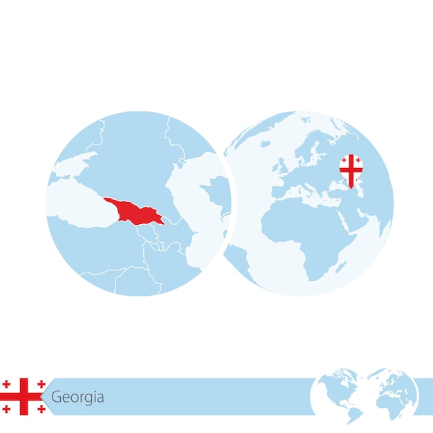 ジョージアの旗と地域の地図を持つ世界の地球上のジョージア。ベクトルイラスト。