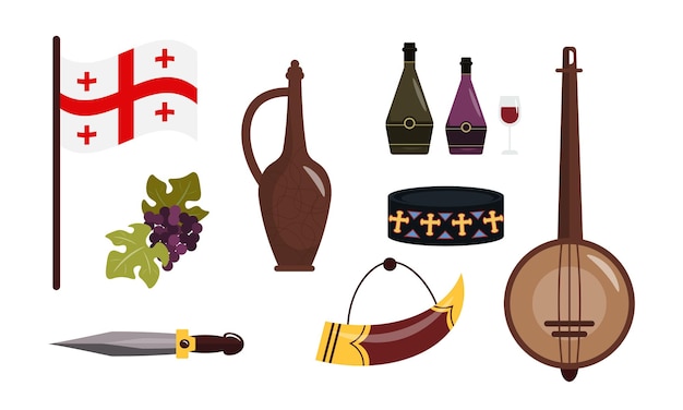 Georgië apparatuur set geïsoleerd op witte achtergrond Vector illustratie van de Georgische vlag druiven flessen en glas met wijn kruik dolk wijnhoorn pandura hoed in cartoon stijl