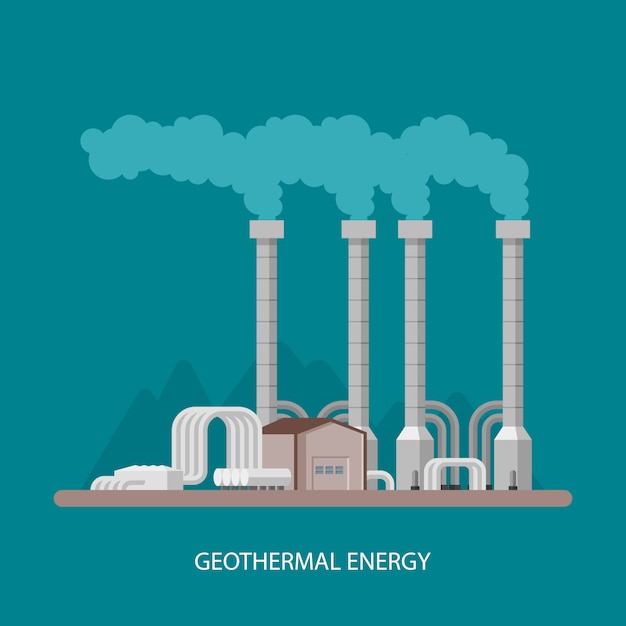 地熱発電所および工場。地熱エネルギー産業のコンセプト。フラットスタイルのイラスト。地熱発電所の背景。再生可能エネルギー源。