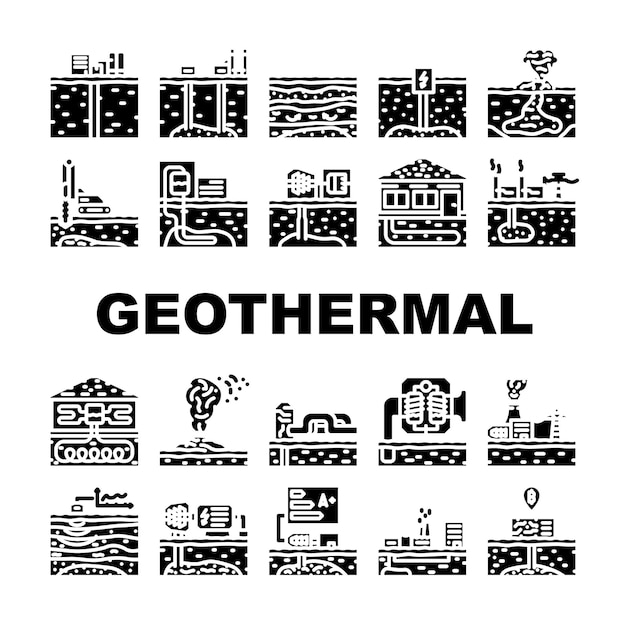 geothermische energie hernieuwbare warmte icons set vector
