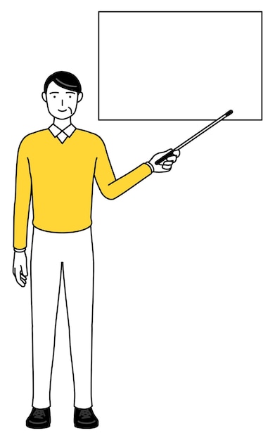 Gepensioneerde senioren man van middelbare leeftijd wijzend op een whiteboard met een indicatorstok