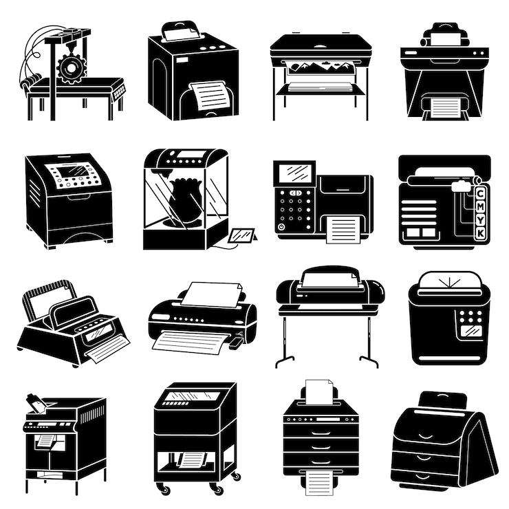 Vector geplaatste printerpictogrammen, eenvoudige stijl
