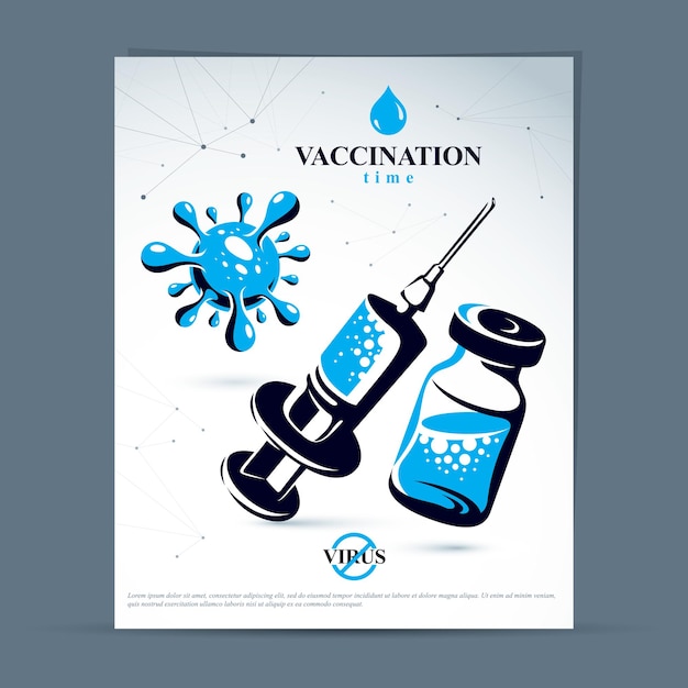 Vector geplande vaccinatie thema presentatie flyer. vector grafische illustratie van medische fles en spuit voor injecties.