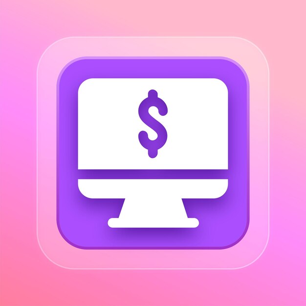 Gepolijste paarse glas-effect computer en dollar-icoon met bewerkbare achtergrond