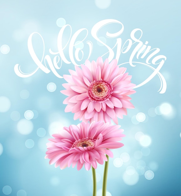 ガーベラの花の背景と春のレタリング。図