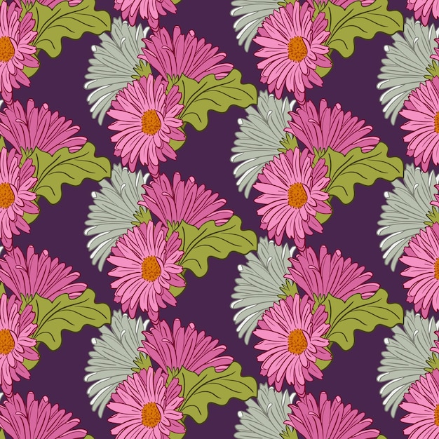 Vector gerberas bunch vibrant seamless pattern vector floral pattern on purple background botany elements