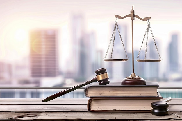 Gerechtigheid schaal en boeken en houten hamer hamer rechtvaardigheid schaal en wet boek op tafel