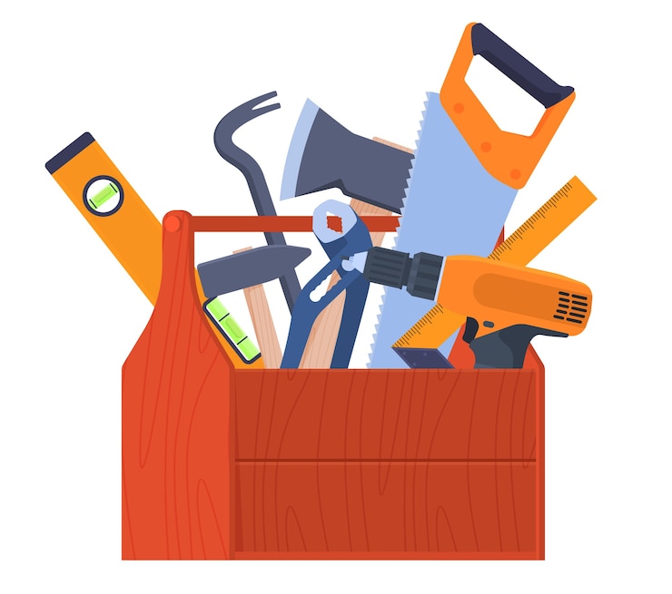 Vector gereedschap opbergdoos. gereedschap bij de hand. handgereedschap sleutels, bijl, zaag, koevoet, schroevendraaier. home renovatie. vector illustratie