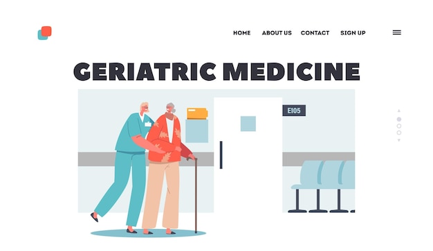 Vector geriatric medicine landing page template healthcare medical aid and care of elderly people concept young nurse