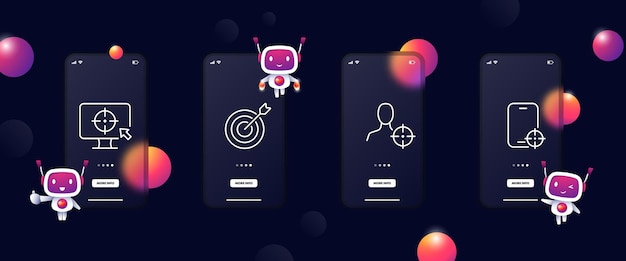 Gerichte reclame set icoon richt zicht optica gericht doel monitor aankoop het doelgroep concept ui telefoon app schermen met robors vector lijn icoon voor business en advertising