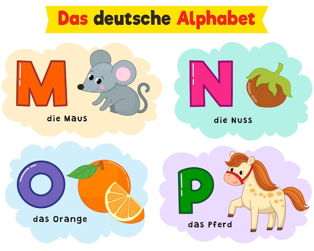 Vector german alphabet. written in german mouse, nut, horse, orange