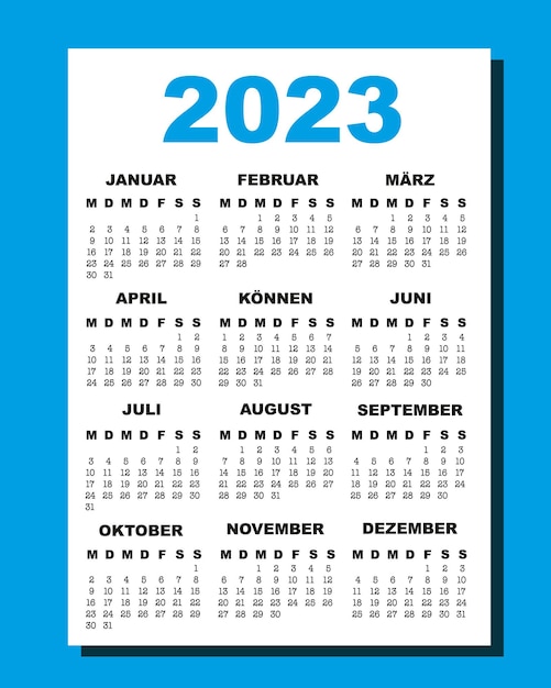 German Calendar for 2023. Calendar for 2022 in German. Week starts on Monday. Vertical editable