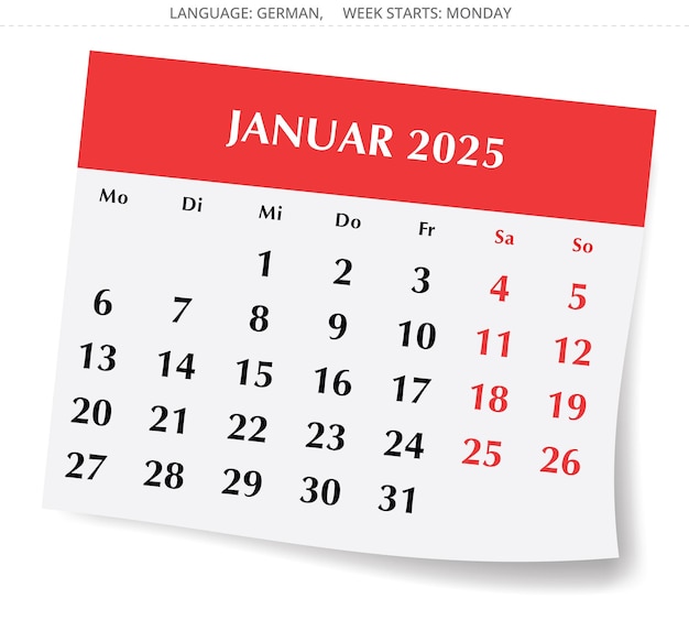 Немецкий календарь на январь 2025 года Векторная иллюстрация страницы зимнего месяца для Германии Kalender Januar