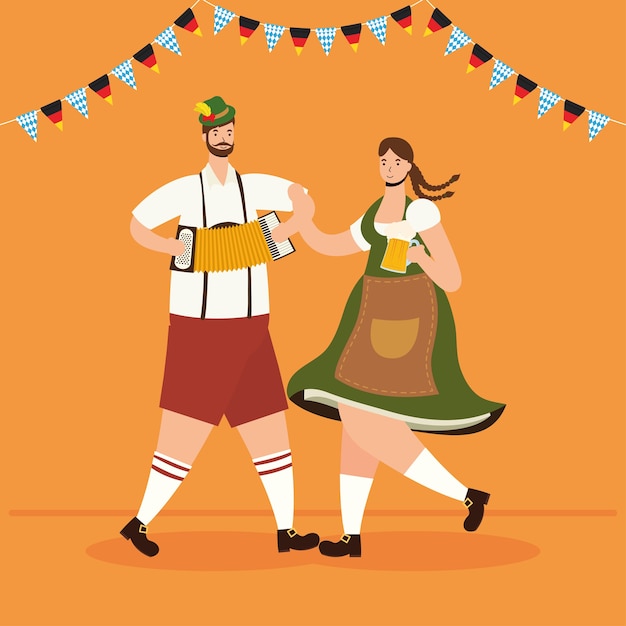 Vector german couple wearing tyrolean suit drinking beers and playing accordion vector illustration design